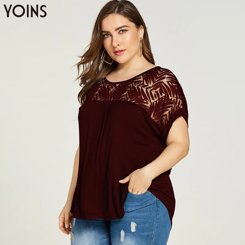 Женская кружевная блузка YOINS Повседневная Блузка с коротким рукавом и круглым