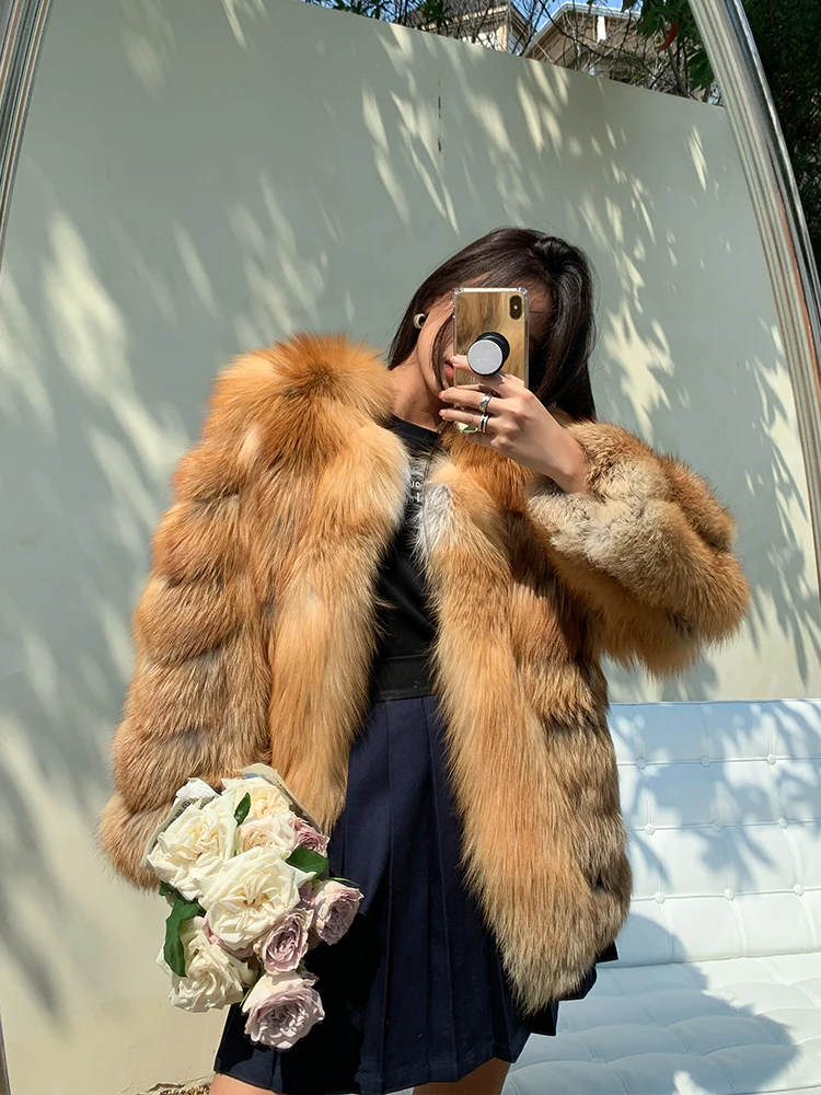 2022 New Women Natural Red Fox Fur Jacket Thick Mid-length V-neck Whole Skin Genuine Red Fox Fur Coats for Female Winter Outwear