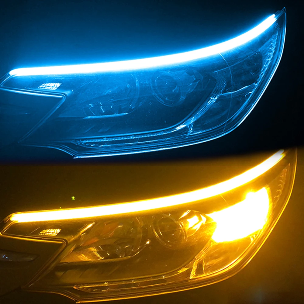 2pcs LED DRL Car Daytime Running Light Flexible Waterproof Strip Auto Headlights White Turn Signal Yellow Brake Flow Lights 12V