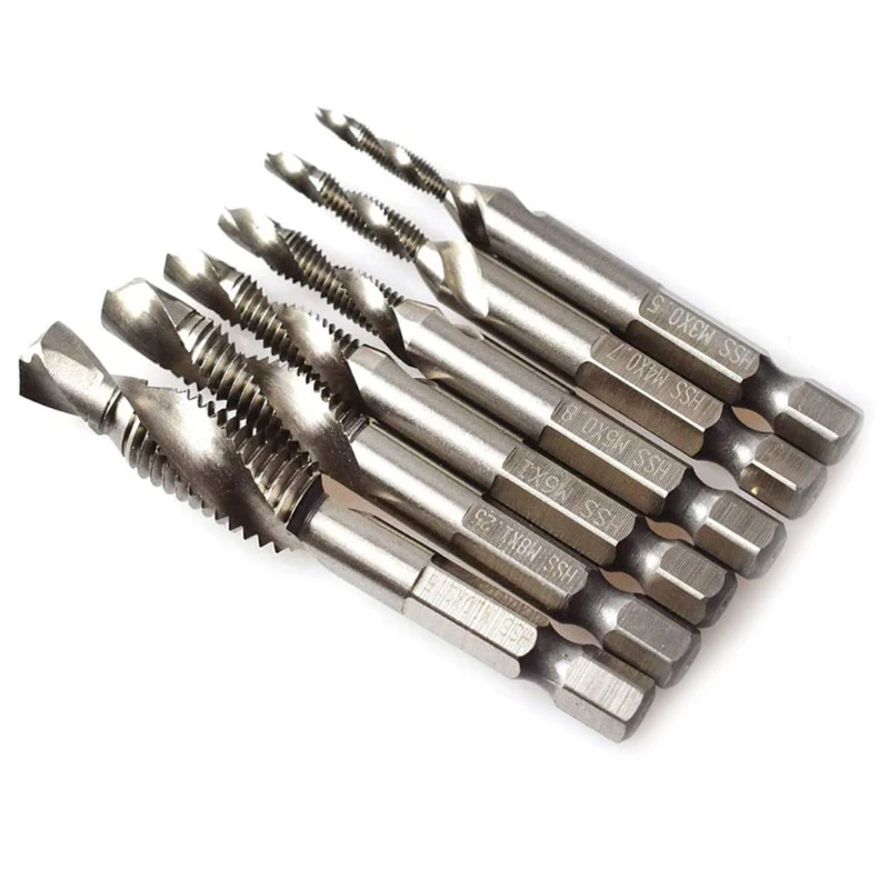 

6pcs M3-M10 Screw Tap Drill Bits HSS Taps Countersink Deburr Set Metric Combination Bit 1/4Inch Hex Quick Change