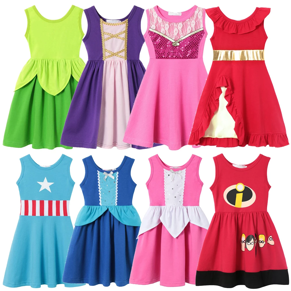 

Summer Girls Princess Dresses Cotton Sleeveless Casual Clothing Toddlers Sleeping Beauty Snow White Elsa Birthday Party Costumes