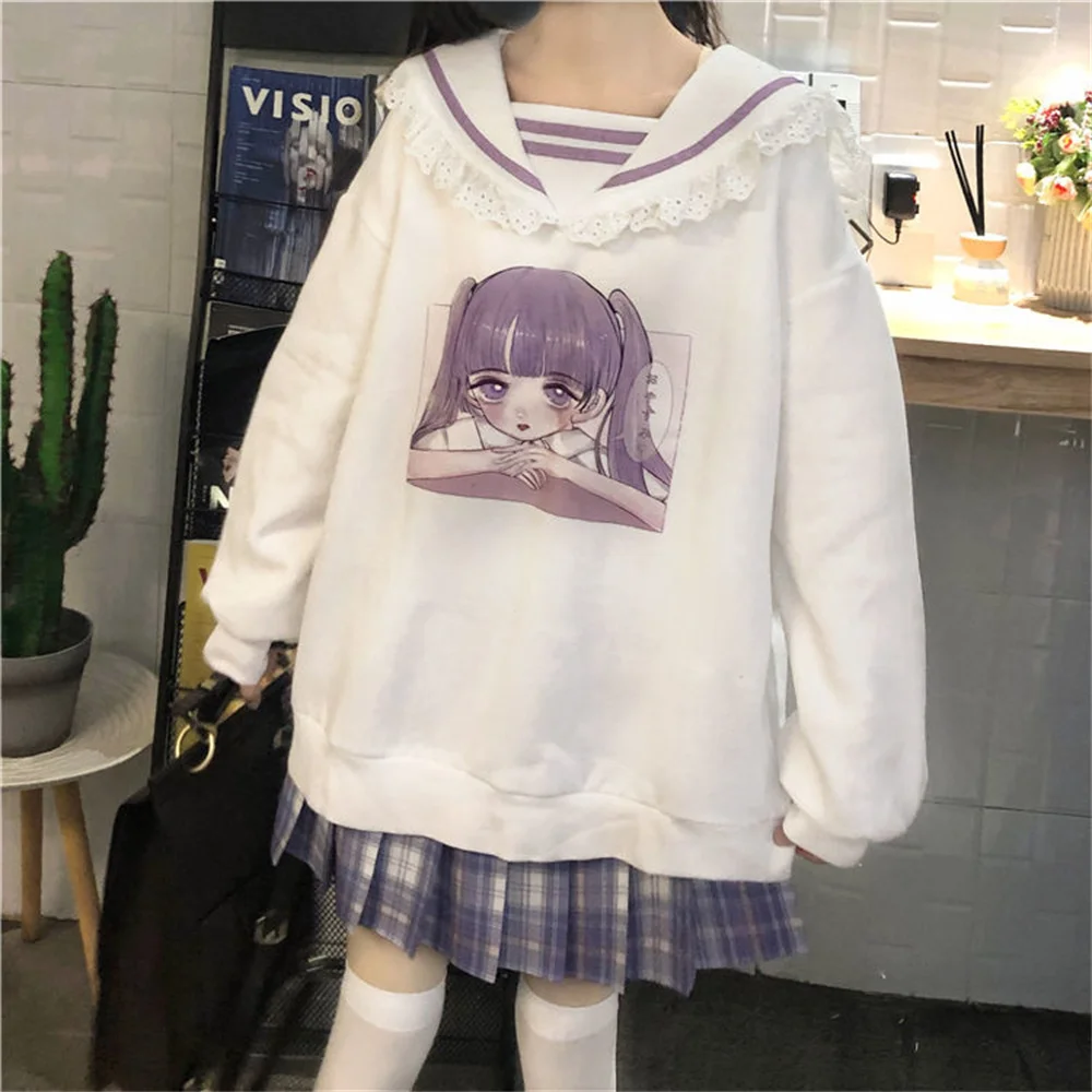 

Autumn Kawaii Girl Print Hoodie Sweatshirt Harajuku Oversize Female Hoody Outwear Loose Long Sleeve Solid Anime Pullovers Tops