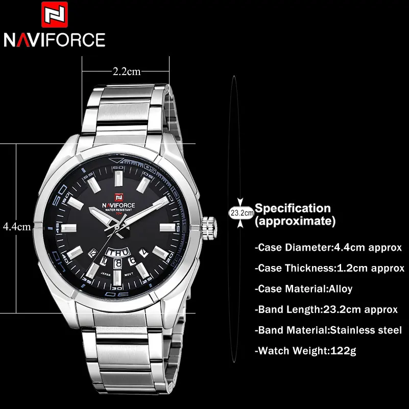 Naviforce Брендовые мужские Часы роскошный Спорт Кварц 30 м Водонепроницаемый Часы Мужская Нержавеющая сталь Группа Дата авто Наручные часы Relojes