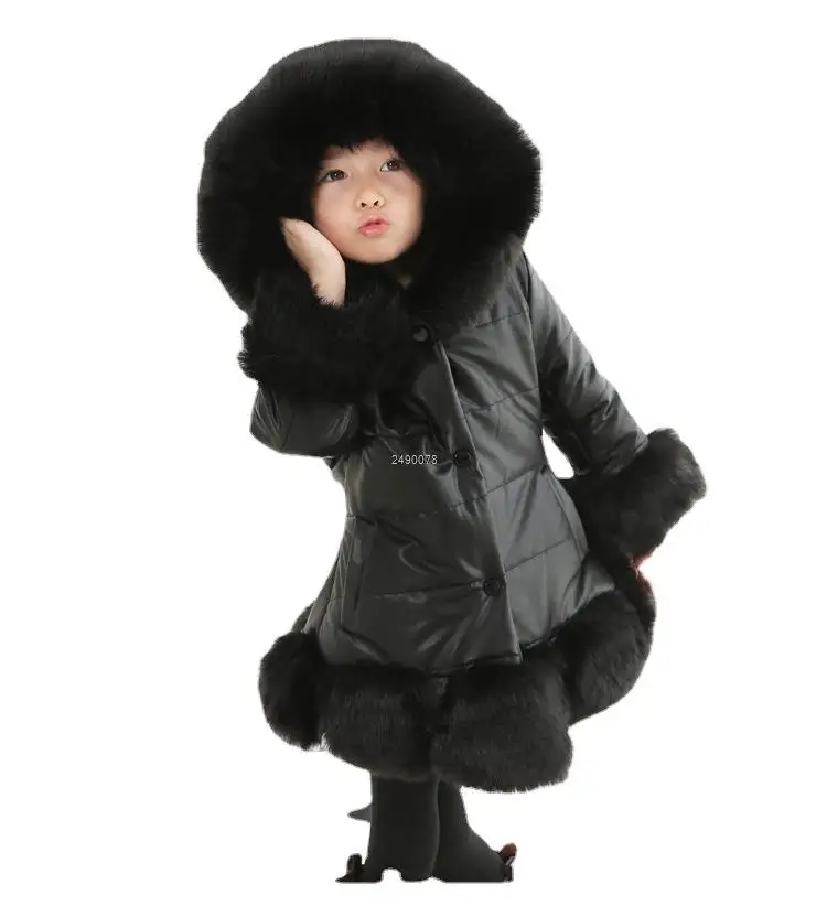 

Girls Winter Fur Hooded Warm Jackets Teen Water Proof Coat Kids Thicken PU Leather Patchwork Fox Faux Fur Meisje Outerwear