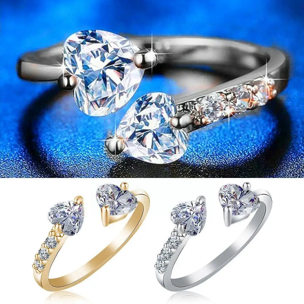 

Luxury Shiny Double Zircon Crystal Heart Ring For Women Fashion Adjustable Female Lover Heart Wedding Rings Charm Jewelry G P1j4
