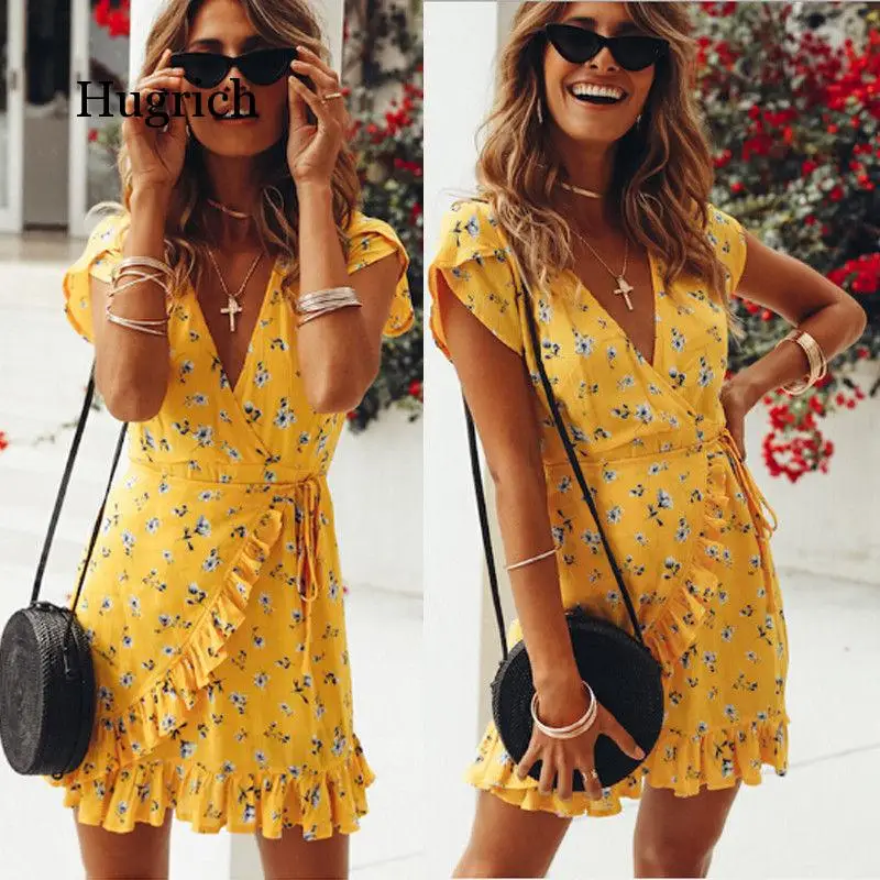

2020 Women Floral V-Neck Ruffles Print Dress Fashion Yellow Elegant Summer Dress Beach Mini Dresses Boho Style Party Dresses