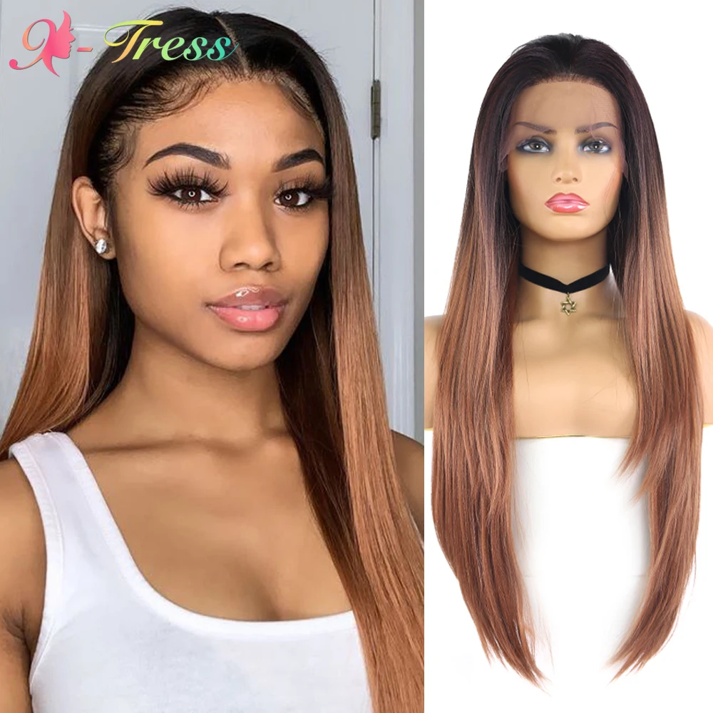 

13x4 Lace Frontal Wig for Black Women Long Straight Synthetic Ombre Lace Front Wigs Ombre Brown with Dark Roots Hair Wig X-TRESS