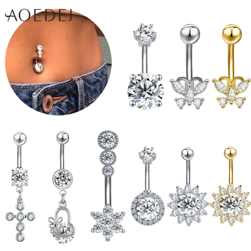

AOEDEJ Crystal Navel Piercings 14g stainless steel Belly Button Ring Round Butterly Ombligo Piercing for Woman Belly Bar Barbell