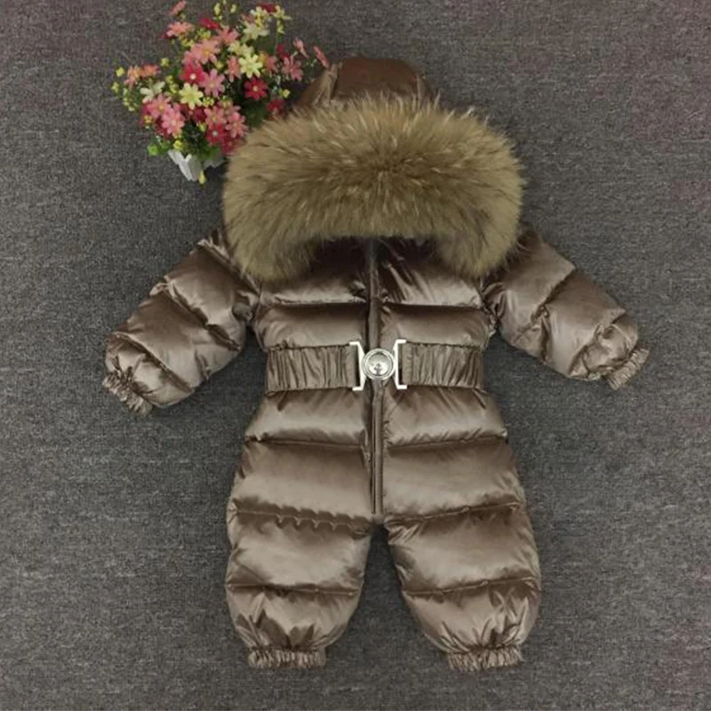 -30 Degree Kids Baby Snowsuit Real Raccoon Fur Collar Boys Girls Rompers Thick Warm Down Jumpsuit Children Winter Coat