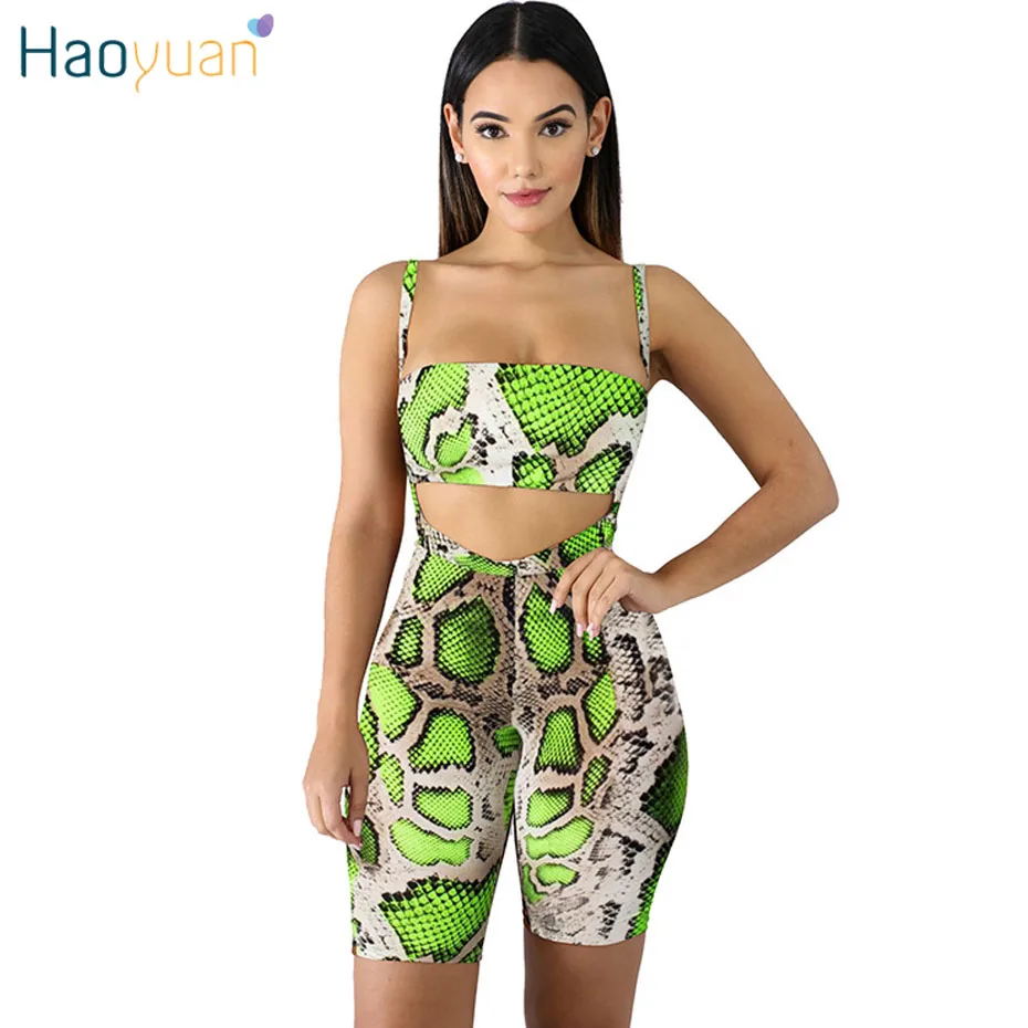 neon green HAOYUAN змея две детали с принтом комплект спортивный костюм фестиваль укороченный топ+ байкерские шорты спортивный костюм сексуальный комплект из 2 предметов наряды для женщин - Цвет: neon green