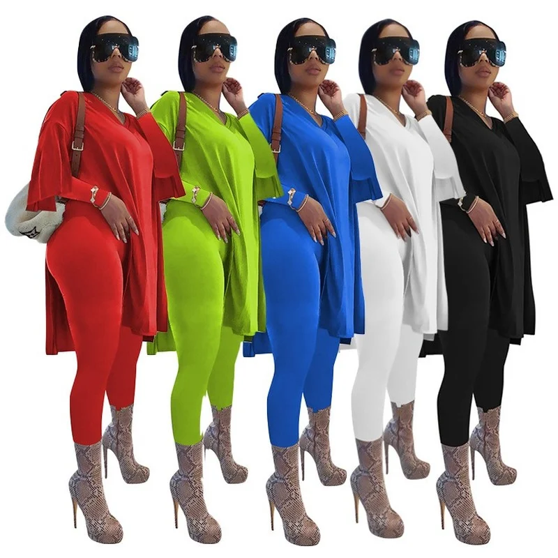

UETEEY Two Piece Set For Women Slit Super Long Top Pants Sets Outfits Sets For Girls Casual Slim Solid Long Sleeve