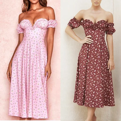 

Ladies tube top floral dress floral print short sleeve off-shoulder set