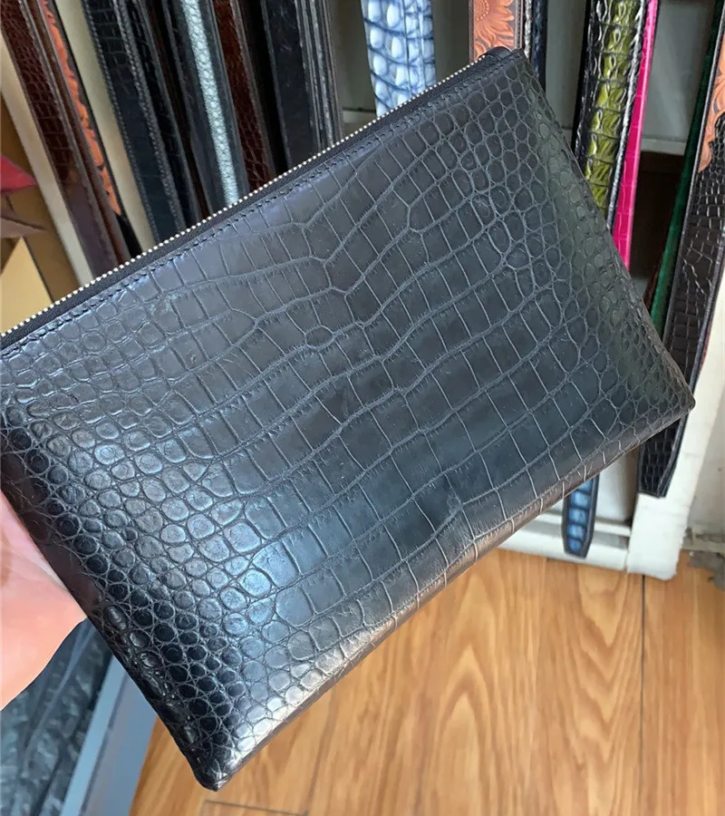 Натуральная крокодиловая кожа живота застежка-молния мужской черный тонкий