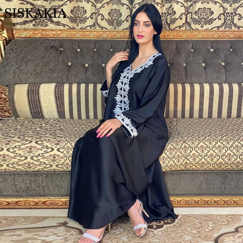 

Siskakia Satin Maxi Dress for Women Elegant Ethnic Embroidery Gilding Jalabiya Muslim Dubai Arabic Moroccan Kaftan Robe Green