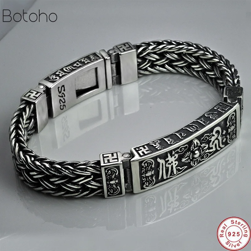 Мужской Плетеный браслет с тибетской мантрой из стерлингового серебра 925 пробы