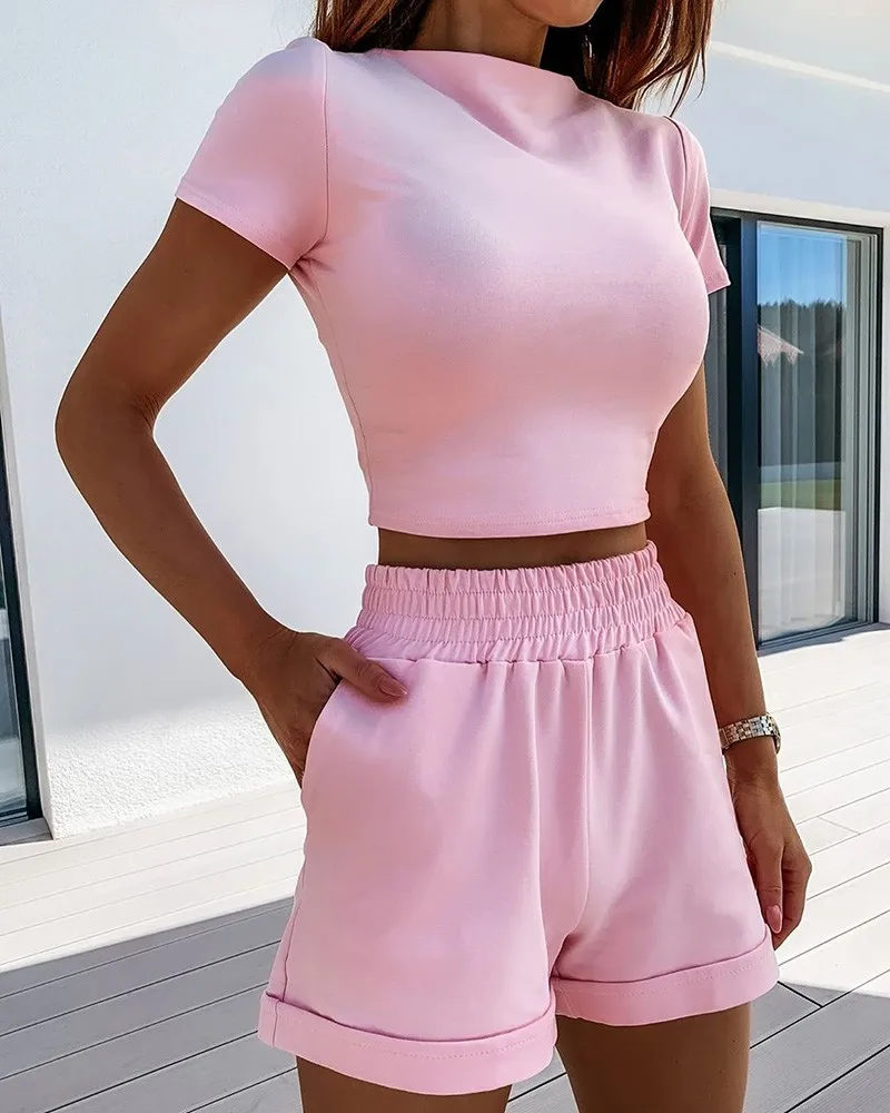 

new 2PCS New Casual Women Summer Clothes Sets Short Sleeve Crop Tops + Elastic High Waist Shorts Solid Color Female Outfits