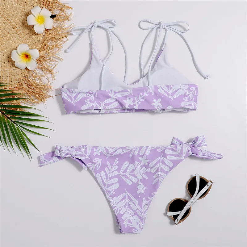 

2021 Summer Women Two Piece Bikini Set Swimwear Brazilian Halter Swimsuits Printed Floral Lace Up Bathing Suits Beachwear S-L