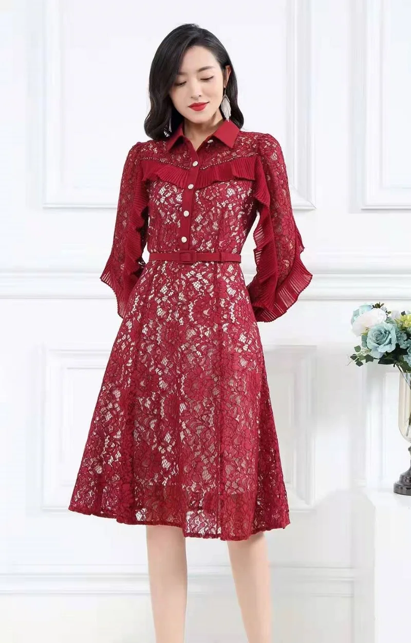 

Quality Brand High Lace Dress 2021 Spring Summer Party Vestidos Women Turn-down Collar Ruffle Deco Long Sleeve Dress Red Black