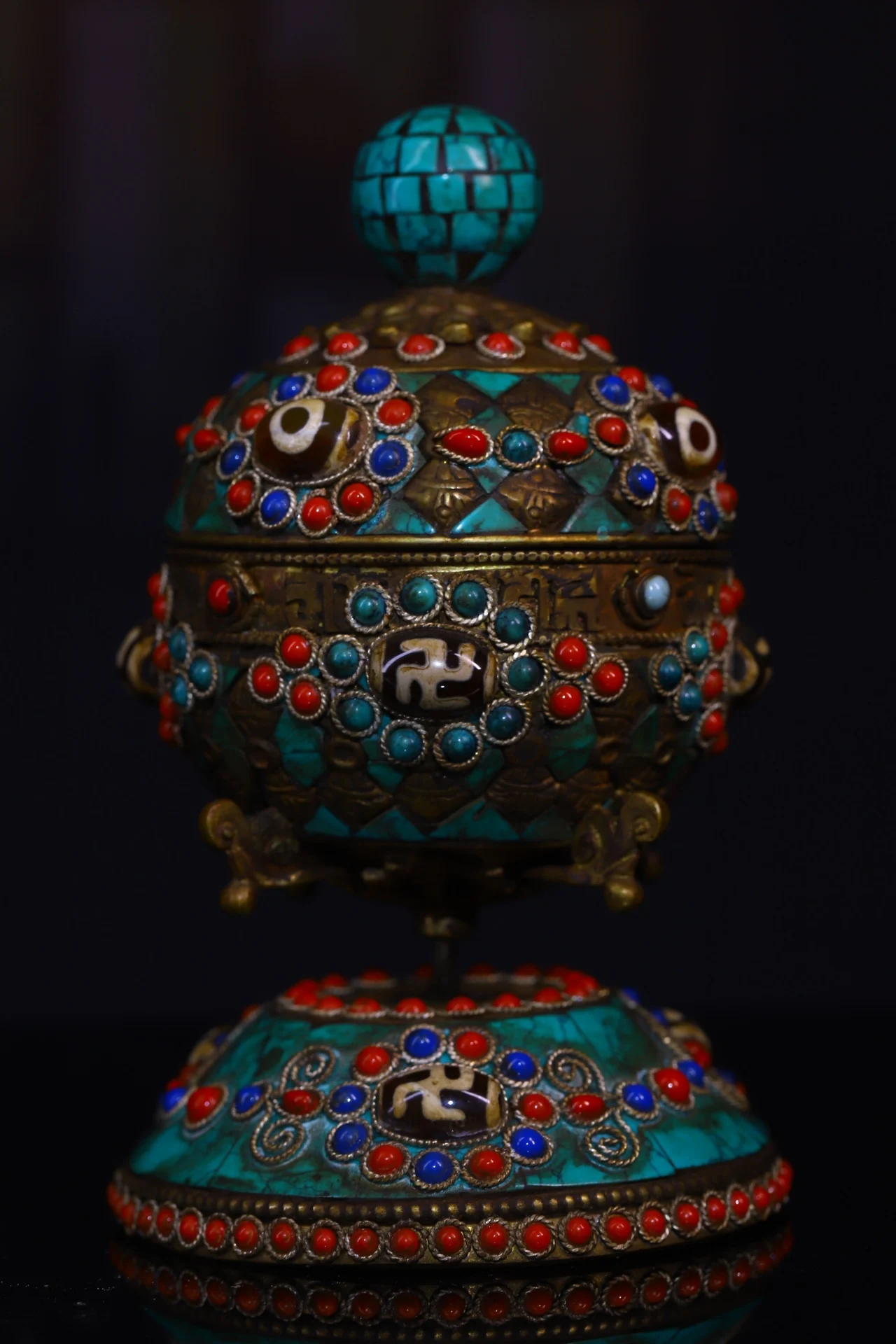 

6"Chinese Folk Collection Old Bronze Tracing mosaic Gem Dzi Bead Prayer wheel stupa pagoda Office Ornaments Town House