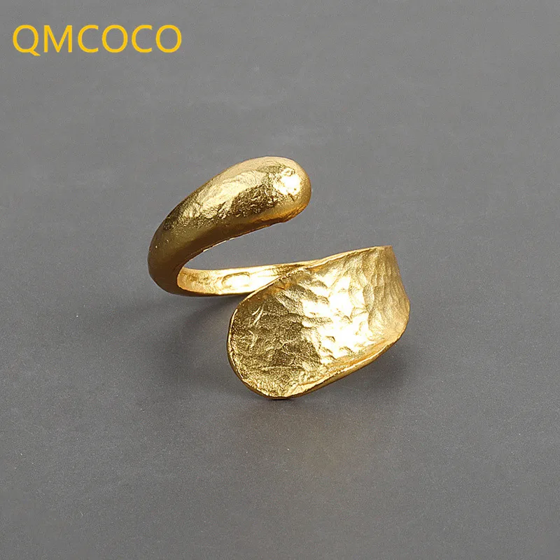 

QMCOCO New Silver Color Korean INS Style Drop-Shape Golden Irregular Tin Foil Texture Open Ring For Woman Fashion Jewelry Gifts