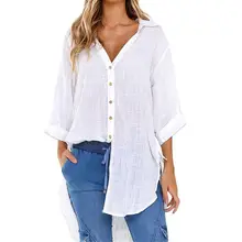Womens blouses Summer Loose Button Long Shirt Cotton Ladies Tops Tee Shirt Blouse womens tops and bl
