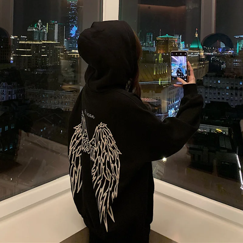 Womens Hoodie Sweatshirt with Back Angel Wings Print - Street Style Unisex Oversized Pullover Coat for Autumn Winter - Punk Hoodies for Women image 4