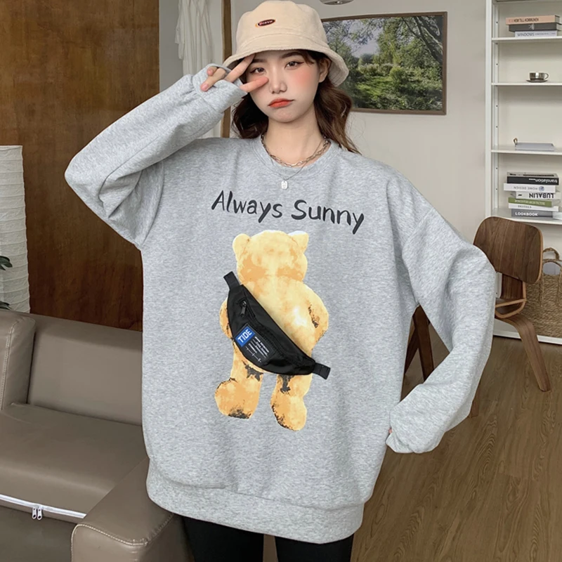 

Chic Bear Bag Patchwork Women Sweatshirts 2021 Winter Long Sleeve O Neck Cotton Pullover Casual Classic cozy Tops