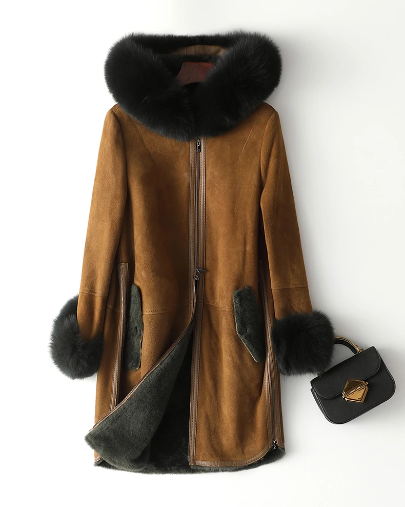 Новинка 2019 модное однотонное женское длинное пальто из овчины с капюшоном