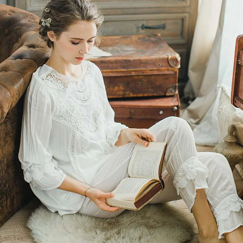 2 pieces women sleepwear French count wind Pajamas set cotton pajamas for female lace Princess bow home service Romatic suit