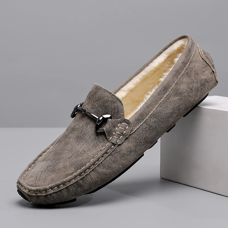 

Winter Leather Loafers Men Shoes Handmade Luxury Designer Italian Casual Shoes Fur Driving Shoes Slip on Flats Plush Moccasins