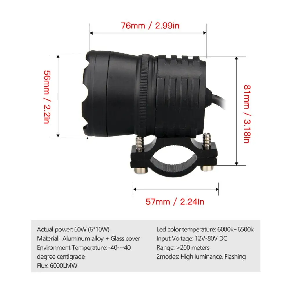 

2/1PCS LED 60W 6000LM 6500k 12V-80V Motorcycle Waterproof Headlight Fog Spot Light Auxiliary lamps & Switch accesorios moto