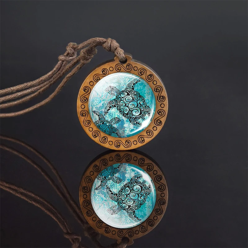 

Sea Turtle Necklace Vintage Rope Chain Wood Pendant Necklace Ocean Animal Seahorse Octopus Dolphin Glass Cabochon Jewelry