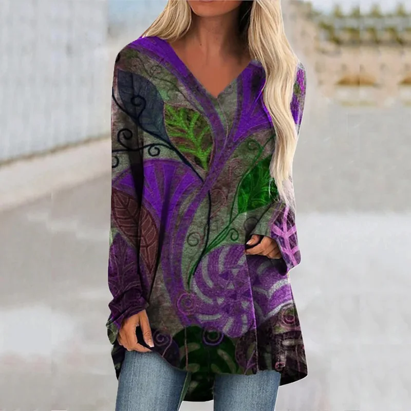 

2021 Spring Women Gradient Leaves Printed Long Sleeve Casual T Shirts Plus Size Loose V-neck Pullover Streetwear Tops Tee