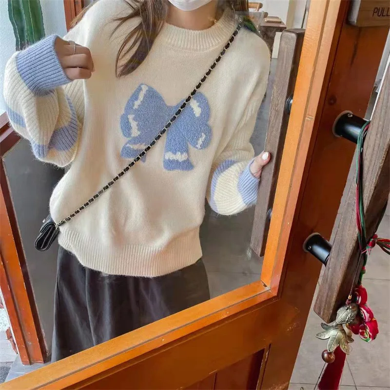 

Anbenser Long Sleeve Knit Top Cartoon Knitted Sweater Women ONeck Casual Japan Style Animal Jacquard Pullovers Sweater Patchwork