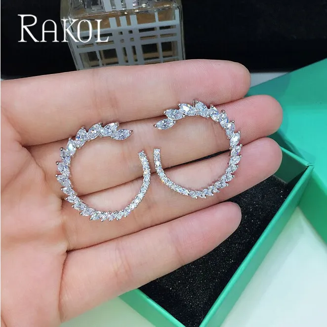 Новые модные брендовые серьги RAKOL, прозрачные круглые серьги с цирконием кубической огранки для женщин в форме листа, CZ ювелирное изделие, подарок