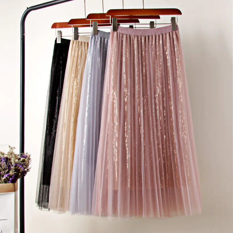 Расшитая блестками длинная фатиновая юбка сезон весна блестящие длинные юбки в