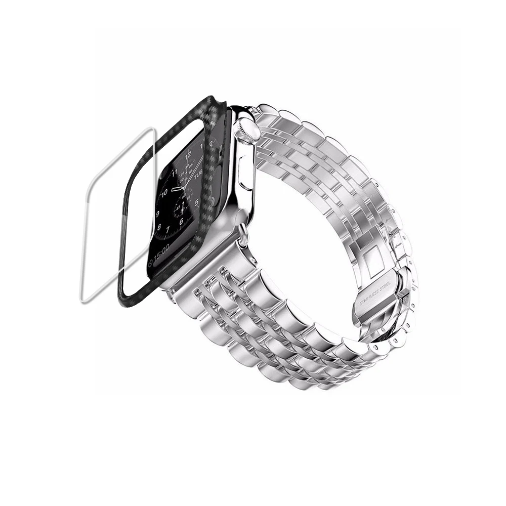 Silver band case Чехол из углеродного волокна+ ремешок для apple watch band 44 мм 40 мм apple watch 5 4 3 42 мм/38 мм iwatch band correa ремешок из нержавеющей стали - Цвет ремешка: Silver band case