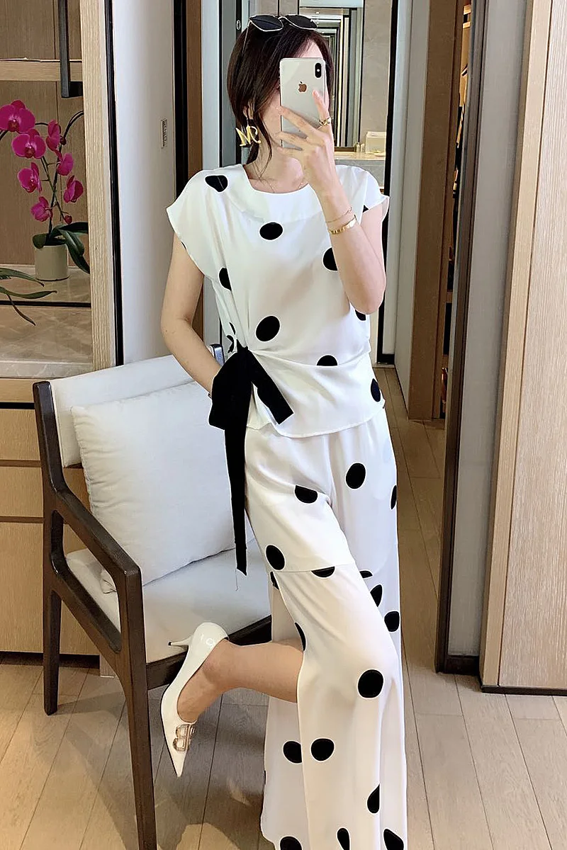 

New High Quality Summer Party Work Bow T-shirt Casual Loose Pants Vintage Elegant Knit Print Women Sets