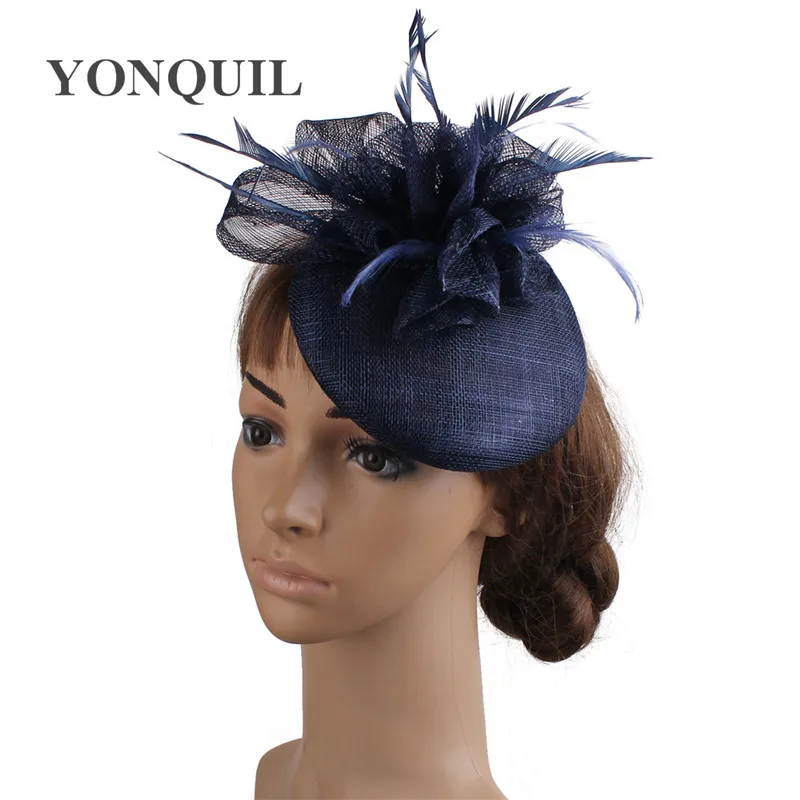 

Women Wedding Hair Fascinators Hats Navy Red Black Vintage Fedora Hat Sinamay Loops Headpiece Feather Married Hair Accessories