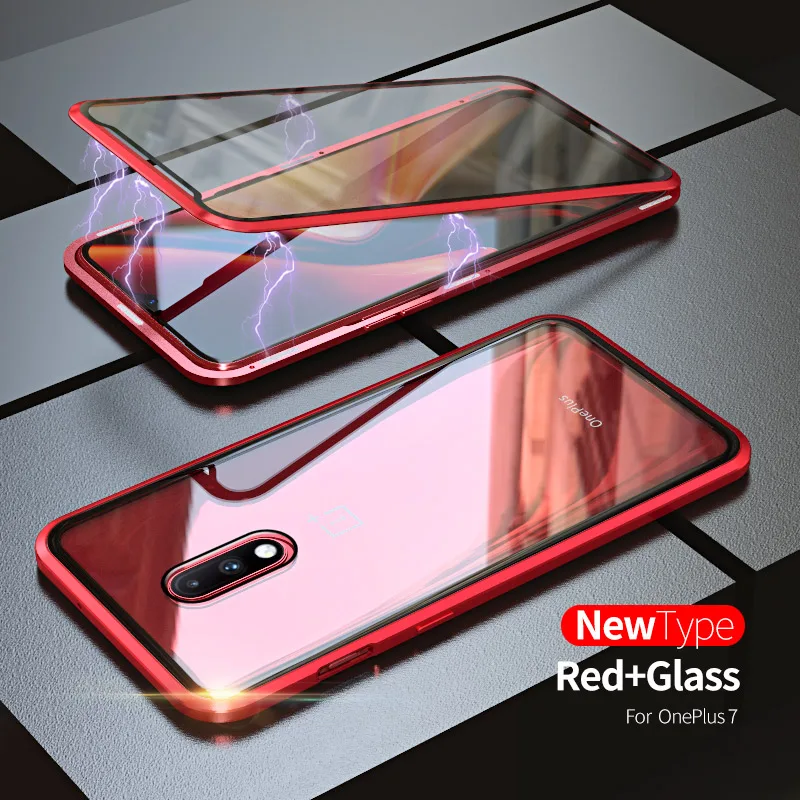 Red OnePlus 7 Роскошный магнитный металлический чехол для Oneplus 7 Pro, переднее стекло, двойное стекло, защита экрана OnePlus7pro Oneplus7 360, полное покрытие - Цвет: Red OnePlus 7