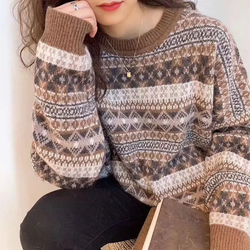 

New Hong Kong Style Retro Sweater Schoolgirl Korean Loose Winter Lazy Wind Plus Size Sweater Tide