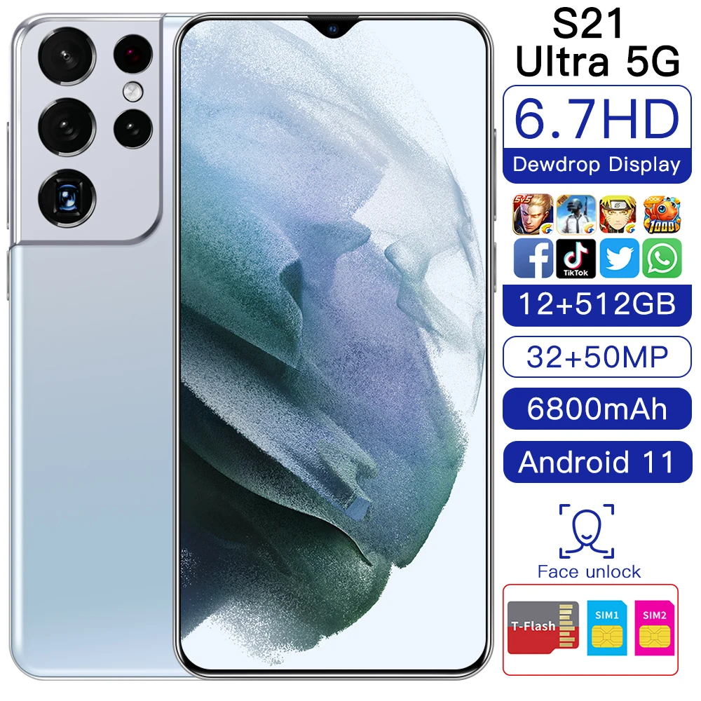

Global Version 12+512GB 6.7 Inch Full Screen 5G Smart Phone S21Ultra Andriod 11 Face Unlock 6800mAh Mobile Phone 32+50MP Stylus