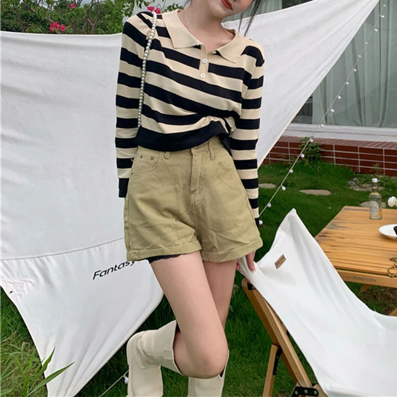 

Hirigin 2021 Women's Casual Button Front Lapel Shirt Casual Long Sleeve Striped Print Back Cutout Crop Tops Streetwear