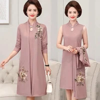 2021 women mother dress autumn long sleeve fake two pieces cheongsam dresses middle aged womens flower elegant dress