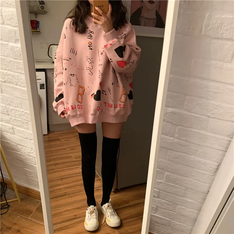 Gaganight корейский для женщин толстовки Мода милый узор Harajuku стиль О образным вырезом свободные длинные рукава повседневное пальто Высокое качество топы