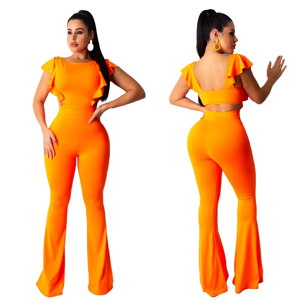 

Spring and summer new sexy women feifei sleeve solid color wide leg flared jumpsuit stylish and comfortable commuter jumpsuit