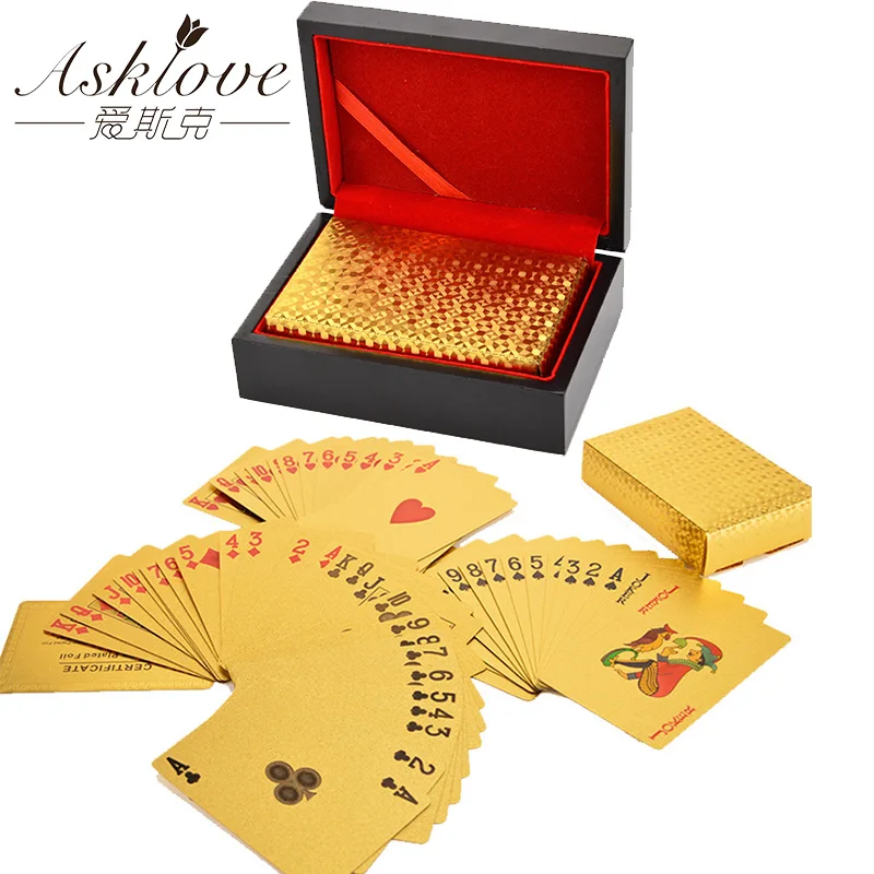

Wooden Gifts Box Pack Gold Foil Poker Playing Cards Box Waterproof Poker Cards Box 24K Plated Poker Golden Game Cards With Box