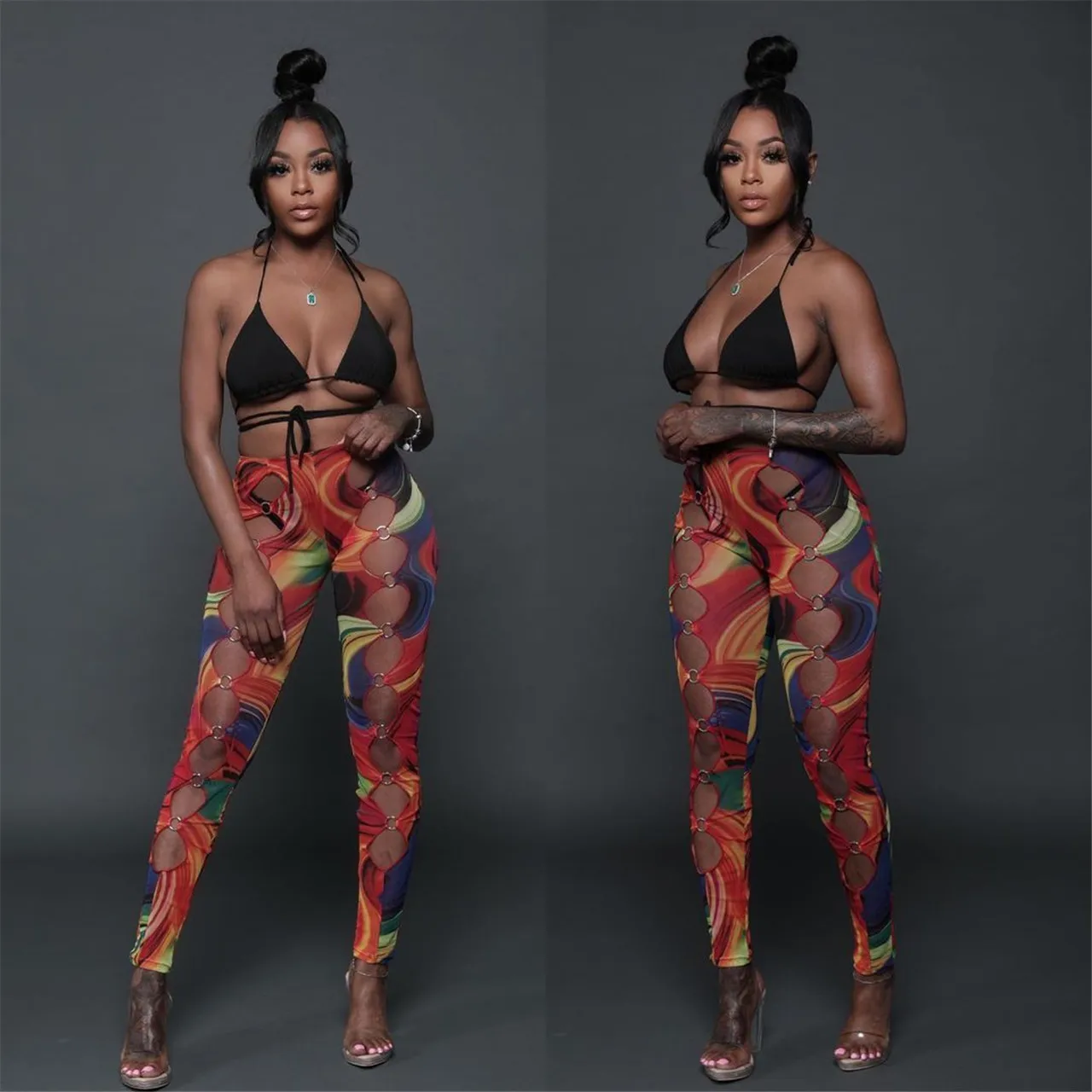 

sexy hole hollow out long pants with metal rings women skinny leggings club party wear