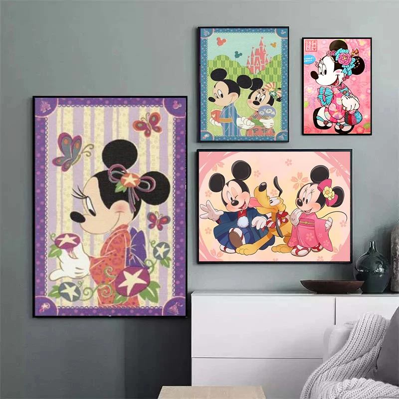 

Cartoon Mickey Minnie In A Kimono Disney Anime Poster Canvas Painting Posters and Prints Wall Art for Living Room Decoration