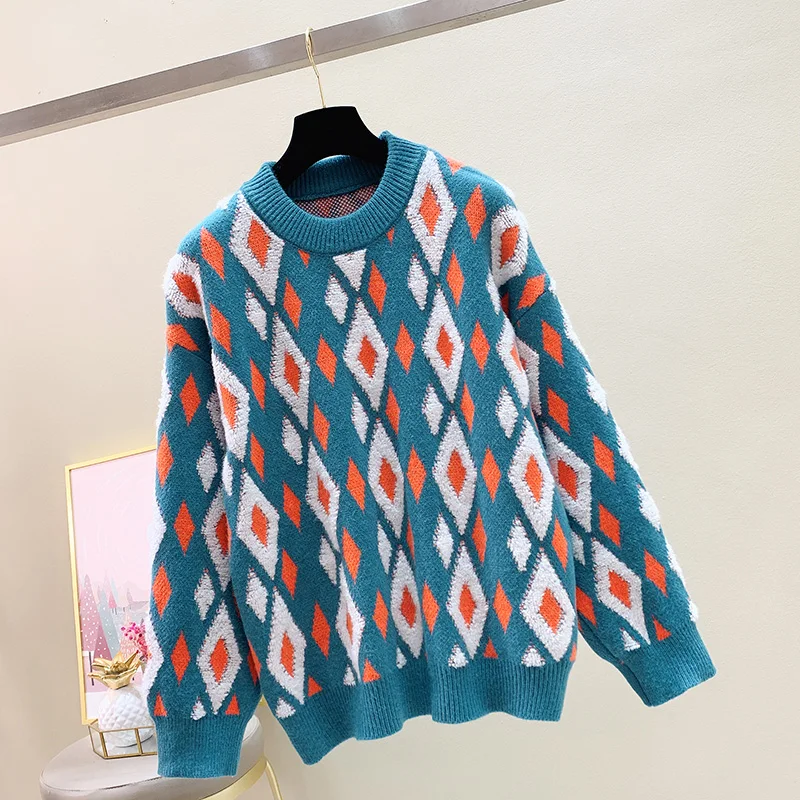 

[ARQ] Spring and Autumn 2021 new ringham jacquard women's sweaters go with loose lazy style retro knitwear